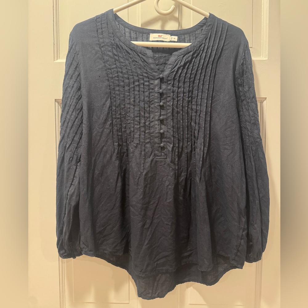 Vineyard Vines 100% Linen Black Pleated Blouse Button Front Size M